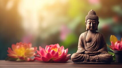 Tranquil Buddha Statue on Table with Lotus Flowers Background AI Generated