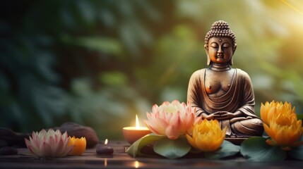 Tranquil Buddha Statue on Table with Lotus Flowers in Background AI Generated