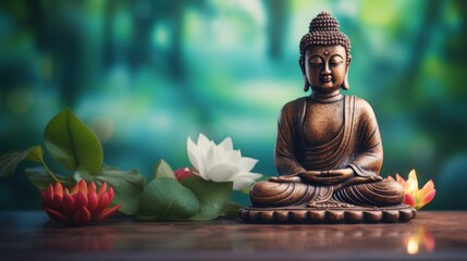 Tranquil Buddha Statue on Table with Lotus Flowers Background AI Generated