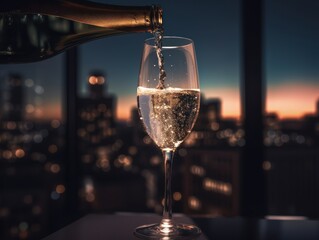  Bubbling glass of champagne being poured into a crystal flute, set against a sophisticated rooftop bar backdrop at night