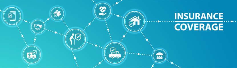 Insurance coverage. Blue concept with icons related to safety and protection, security, insured risks and liability. Health care, risk, help service. Car accident, travel insurance, flight protection.