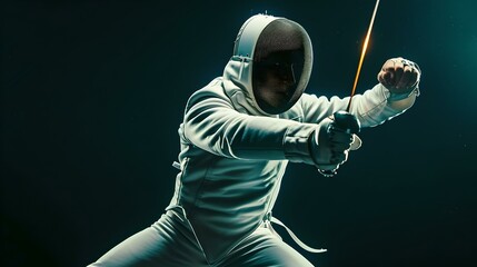 Focused fencer in combat gear engaging in a fencing match with dynamic posture