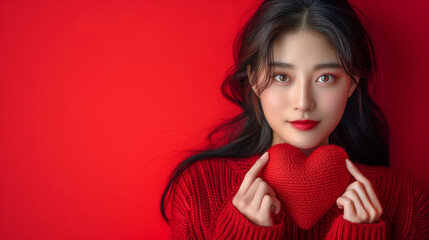 Young asian woman in red holding red heart on red background with copy space for text.  - obrazy, fototapety, plakaty