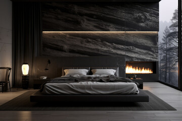 Minimal brown and black color bedroom interior design with bed and modern decoration