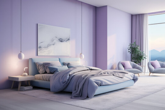 Minimal blue violet colors bedroom interior design with bed and modern decoration