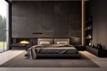 Minimal brown and black color bedroom interior design with bed and modern decoration