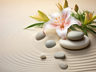 Fototapeta na wymiar Flower and Rocks on Table, A Natural Composition of Beauty and Balance