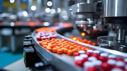 Automated Robotic vitamins, dietary supplements or medicine tablets Line. Pharmaceutical production plant indoors - obrazy, fototapety, plakaty