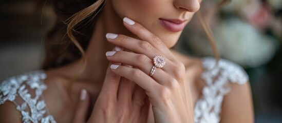 Bride showcasing engagement jewelry, celebrating commitment and marriage.
