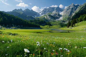 Fototapeta na wymiar meadow on a mountain lake during summer