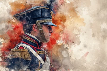 Poster French soldier portrait Illustration close up. Modern soldier of France watercolor colors Illustration © Magiurg