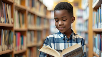 Young Boy Engrossed in Book at Library Study Table