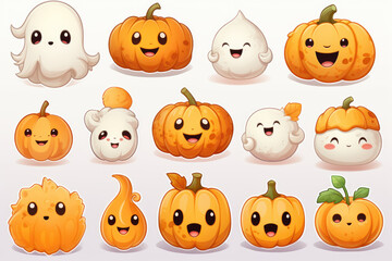 Minimalist pumpkins and ghost halloween sticker design