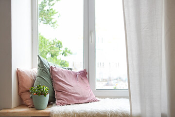 Square pillows, plaid and plant at the window