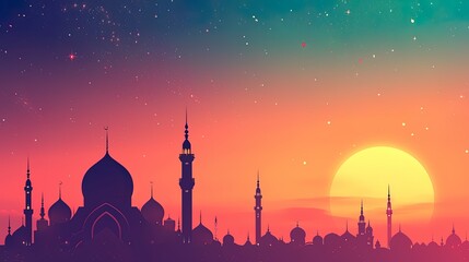 Illustration Ramadan Kareem background with mosque at sunset, ai generative