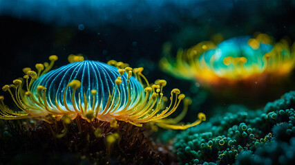 a close up of a sea anemone on a reef, a microscopic photo, holography, bioluminescence, macro photography, luminescence