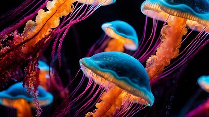 group of jellyfish swimming in an aquarium, a microscopic photo, holography, bioluminescence, luminescence, macro photography
