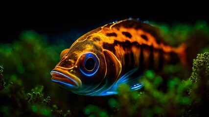 a close up of a fish in a body of water, a macro photograph, holography, bioluminescence, macro photography, luminescence