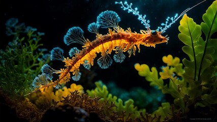 a yellow seahorse is swimming in the water, a microscopic photo,holography, bioluminescence, national geographic photo, seapunk