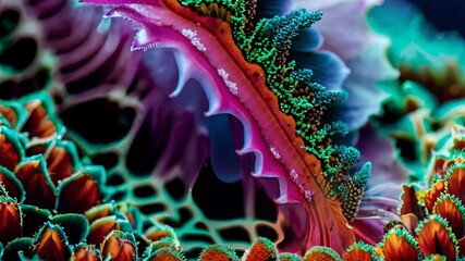 a close up view of a colorful coral, a microscopic photo holography, vibrant colors, macro photography, vivid colors