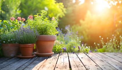 Fototapeta na wymiar Gardening background with flowerpots in sunny spring or summer garden