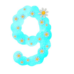 Illustration, number, png, blue with white flowers