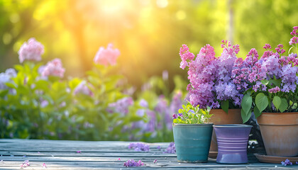Gardening background with flowerpots in sunny spring or summer garden - 714191253