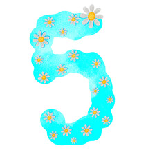 Illustration, number, png, blue with white flowers