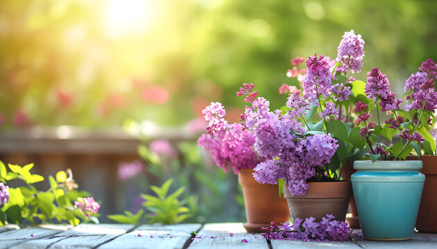 Gardening background with flowerpots in sunny spring or summer garden