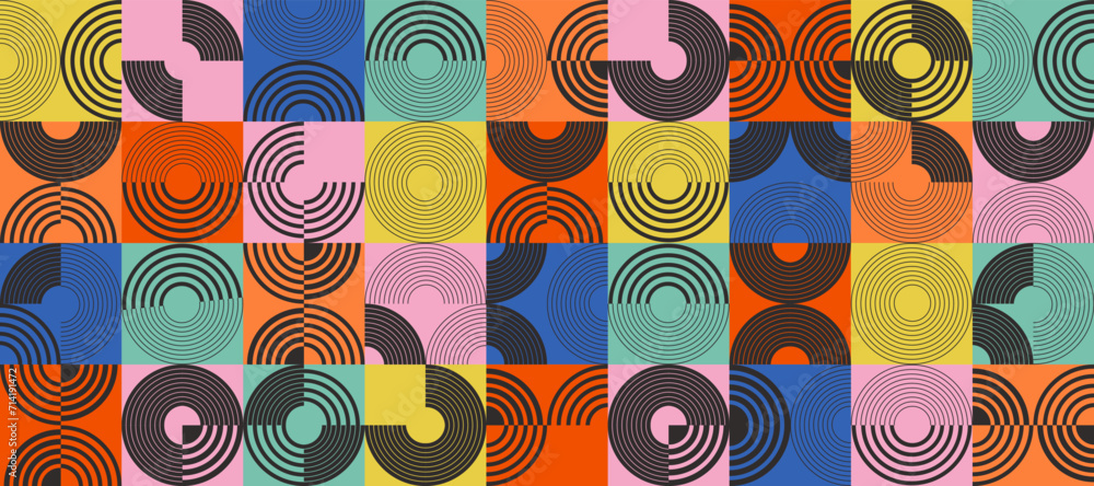 Poster geometric seamless pattern in bauhaus style. colorful abstract shapes background in trendy swiss sty