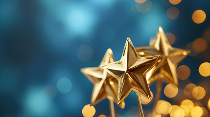 Close-up of Three Gold Stars on a Blue Background