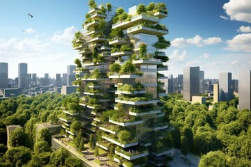 Modern skyscraper with green facade and elevated park, promoting urban green living and enhancing the environment. Generative AI