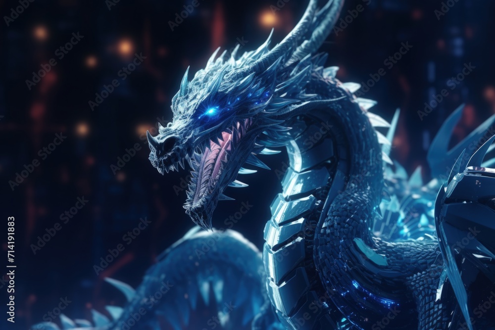 Poster dragonthemed technological background for ai, neural networks, big data.
