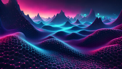 Technologie Hintergrund Vorlage mit verbundenen Punkten auf 3D Linien Wellen Landschaft, Daten Wissenschaft, Teilchen, digitale Welt, virtuelle Realit&auml;t, Cyberspace, technologie, moderne Auswertung 