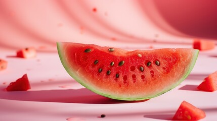 Sliced watermelon piece on a pink surface, vivid and refreshing summer fruit concept, ideal for food and lifestyle