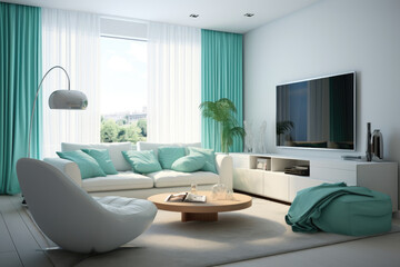 Modern bauhaus minimal living room interior design aqua colors