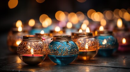 Ornate tealight candle holders glowing with warm light, creating a festive and mystical atmosphere perfect for cultural celebrations