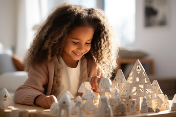 Portrait of a dark-skinned African American happy child playing in a kindergarten or children's room with wooden educational toys. Concept of leisure, development, education.