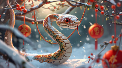 Obraz premium Happy Chinese New Year 2025, snake on the background of Christmas snow, zodiac sign according to the Chinese horoscope