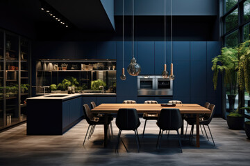 Modern colorful minimal kitchen interior design with dining table and cabinets