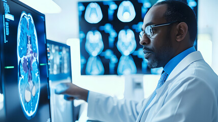 Black man Neurologist Looks at Screen with MRI Scan and diagnose. - obrazy, fototapety, plakaty