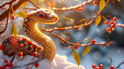 Happy Chinese New Year 2025, snake on the background of Christmas snow, zodiac sign according to the Chinese horoscope - obrazy, fototapety, plakaty