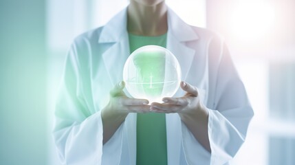 Doctor holding a glowing green orb in hands, futuristic medical research, healthcare innovation concept