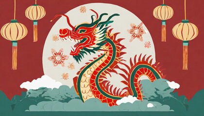 Background with symbols of dragons and lanterns