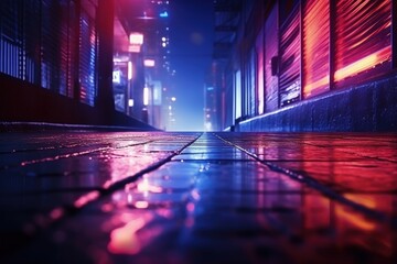 Nighttime cityscape with neon lights and reflections on wet asphalt.