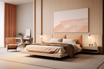 Modern minimal bedroom interior design with colorful bed and decoration
