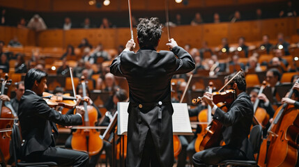 A visually rich composition showcasing a conductor in front of a large symphony orchestra, with a panoramic view of instruments, strings, and brass sections, highlighting the condu - obrazy, fototapety, plakaty