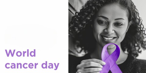 Black and white portrait of woman holding purple awareness ribbon. Banner with text "World cancer day"