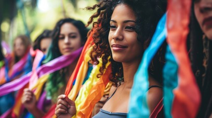 Fototapeta premium Several women holding colored ribbons, in the style of multiculturalism
