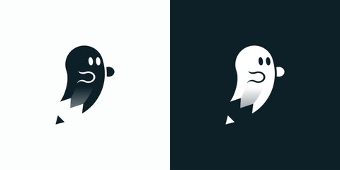 Vector logo design illustration of a cute ghost with a pencil shape below.